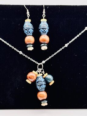 Hand Crafted Blue and Brown Bead Pendant Necklace with Matching Earrings